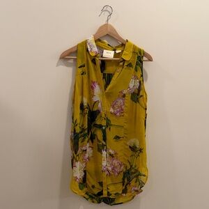 Maeve by Anthropologie Yellow Floral Sleeveless Sheer Button Front Top